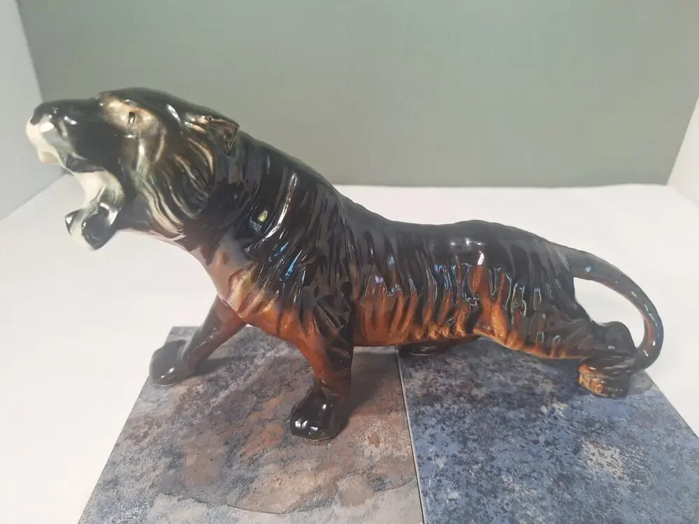 Vintage Mid Century Roaring Tiger Figurine Ceramic Black Brown Drip Glaze Japan